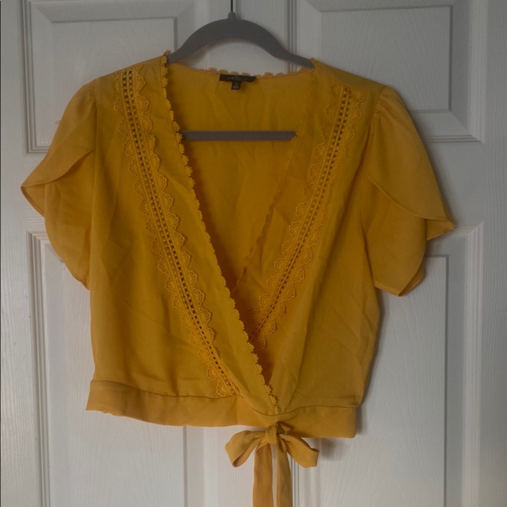 Yellow Lace Trim Wrap Top